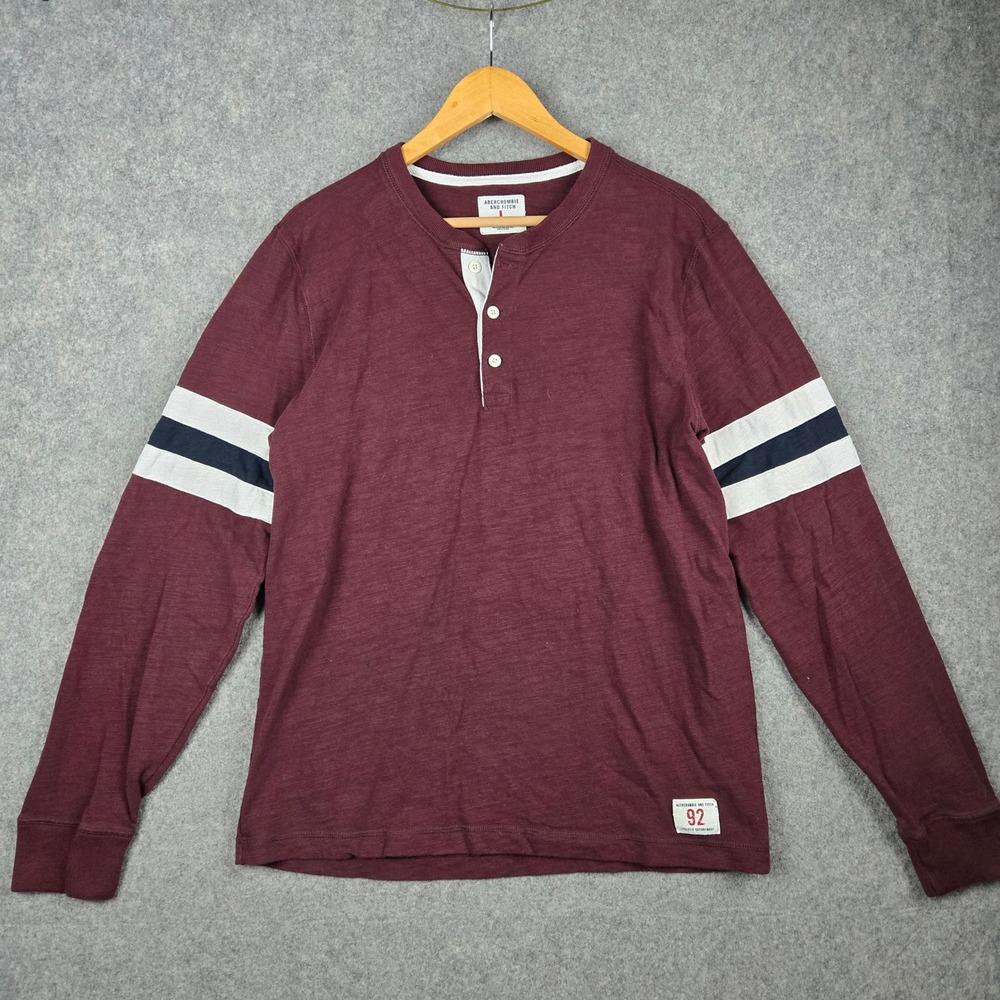 Abercrombie Fitch Henley Shirt Mens L Maroon Varsity Stripe Slub Long Sleeve Tee